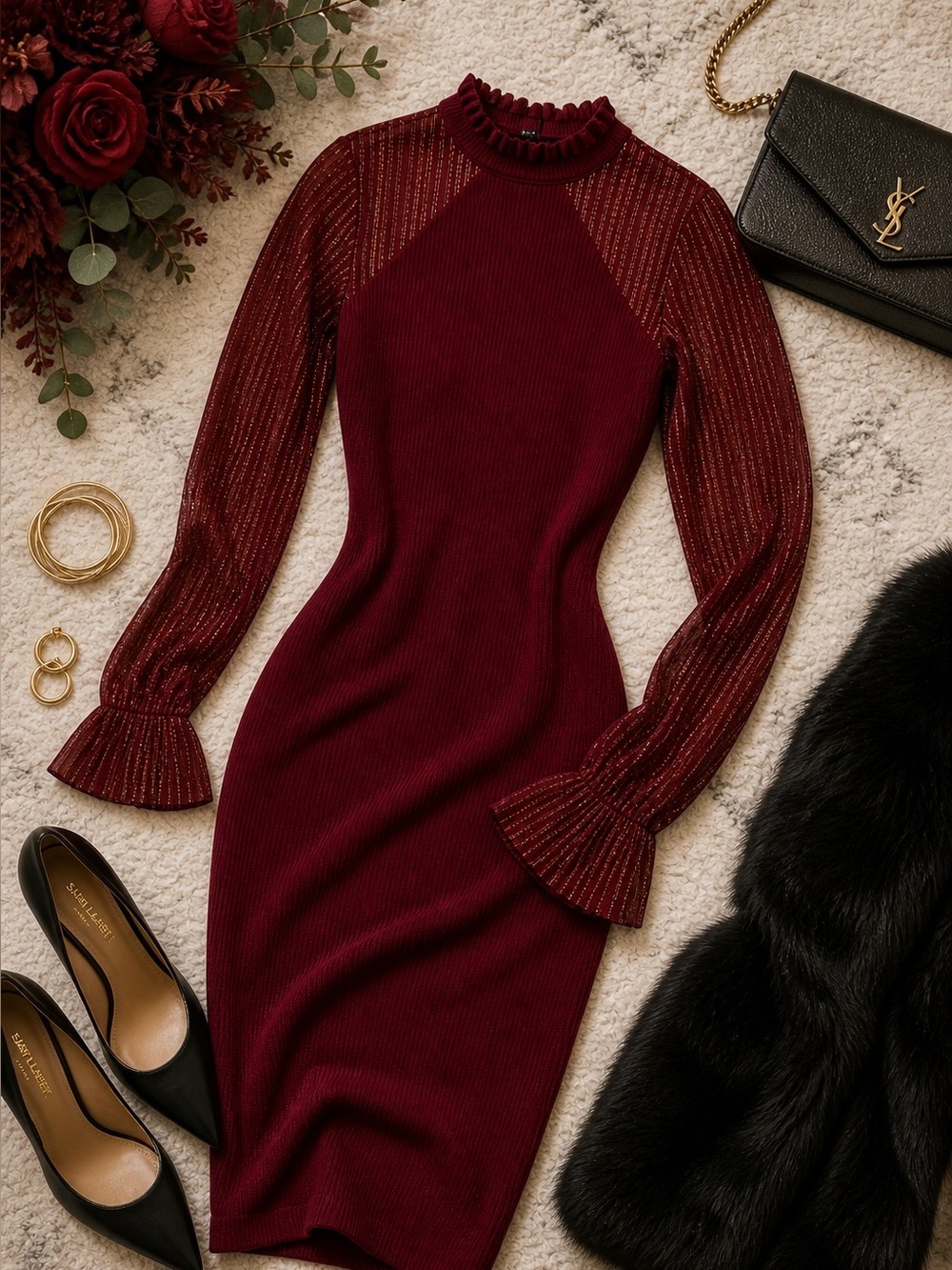 Dylan Ryan Burgundy Metallic Midi Dress S Illusion Yoke Shimmer Party NWT